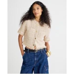 NEW J.Crew Cropped fringe-trim lady jacket in marled yarn Size XL Tan